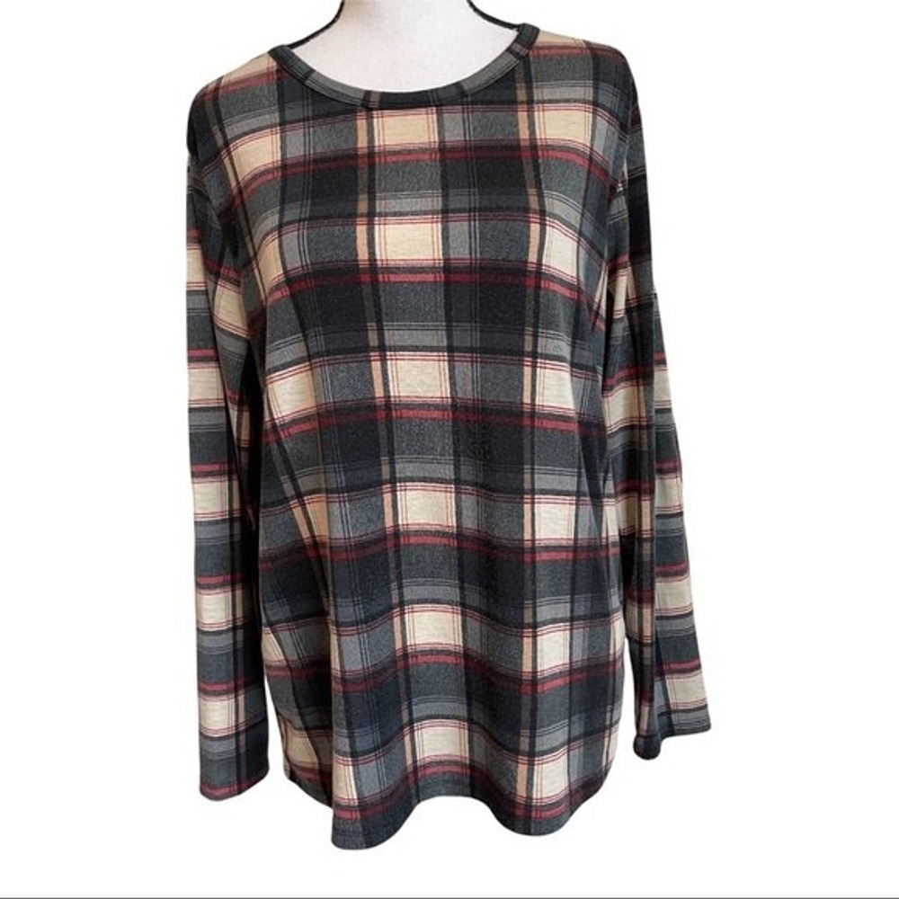 Grace & Emma Plaid Long Sleeve Top Elbow Patches Button Back‎ Women Medium